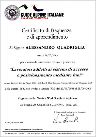 Attestato Lavoratori addetti ai sistemi di accesso e posizionamento mediante funi